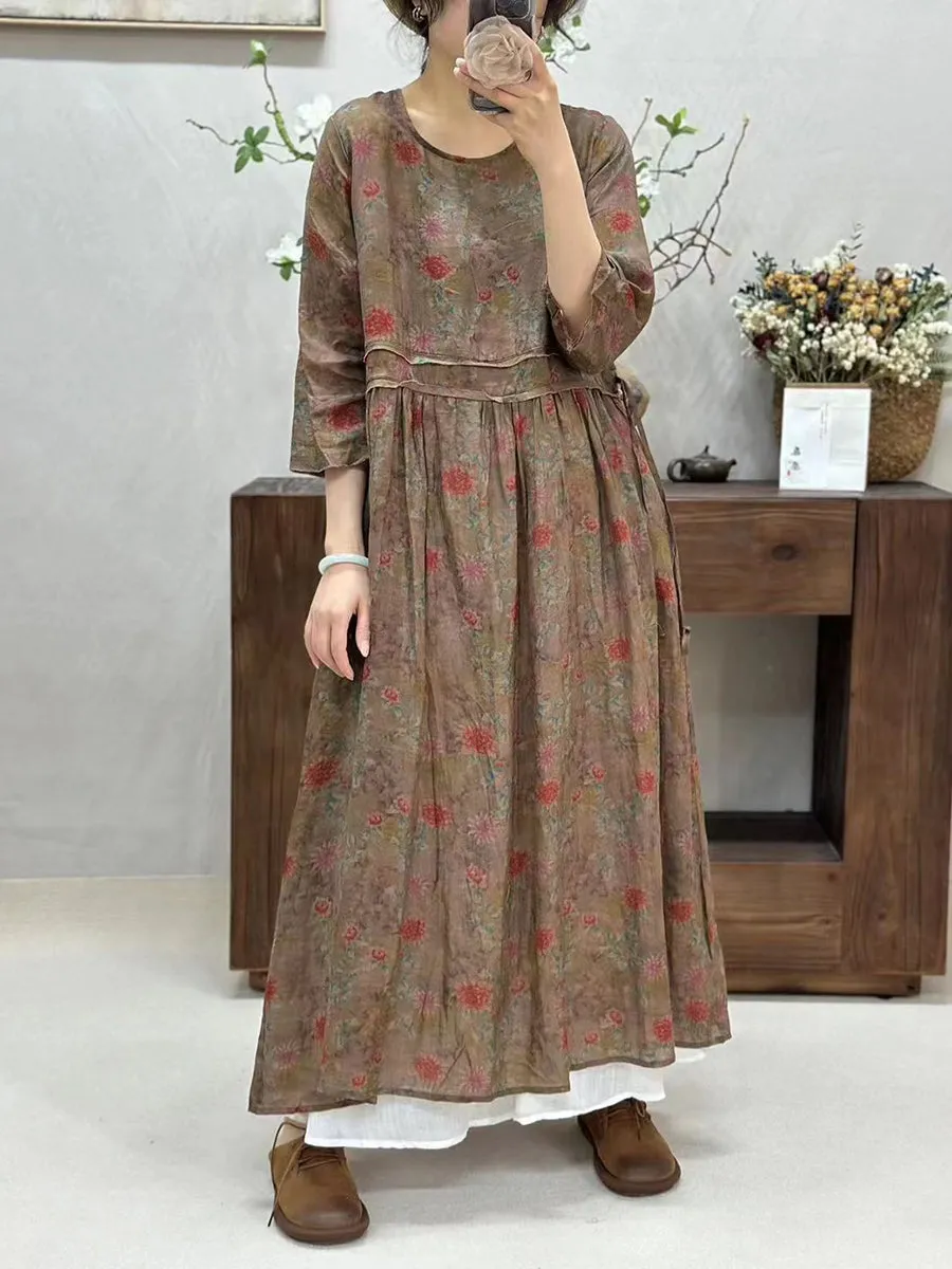 FLYTONN- Women Summer Retro Spliced Flower Ramie Dress WE1016