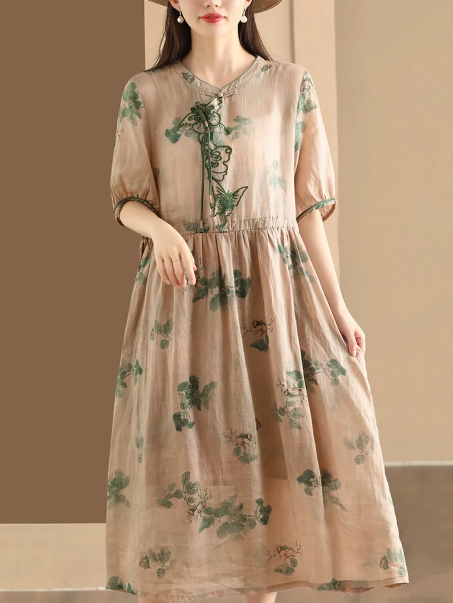FLYTONN- Women Summer Vintage Butterfly Embroidery Ramie Dress PP1036