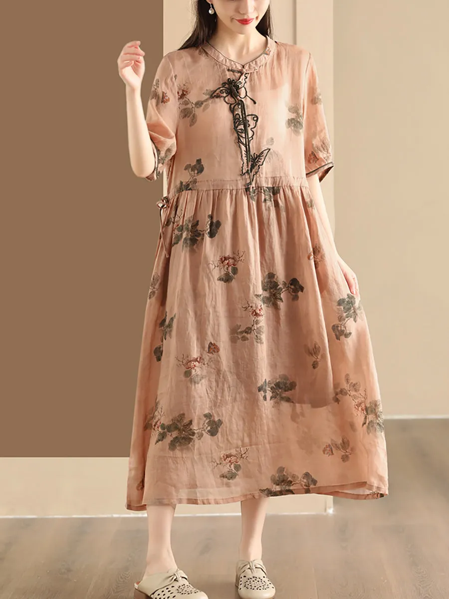 FLYTONN- Women Summer Vintage Butterfly Embroidery Ramie Dress PP1036