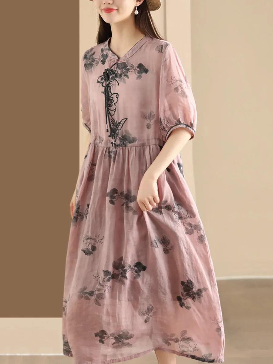 FLYTONN- Women Summer Vintage Butterfly Embroidery Ramie Dress PP1036