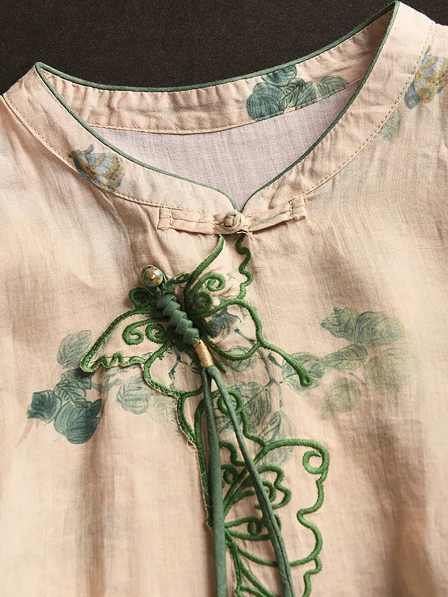 FLYTONN- Women Summer Vintage Butterfly Embroidery Ramie Dress PP1036