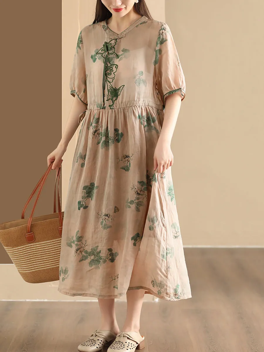 FLYTONN- Women Summer Vintage Butterfly Embroidery Ramie Dress PP1036