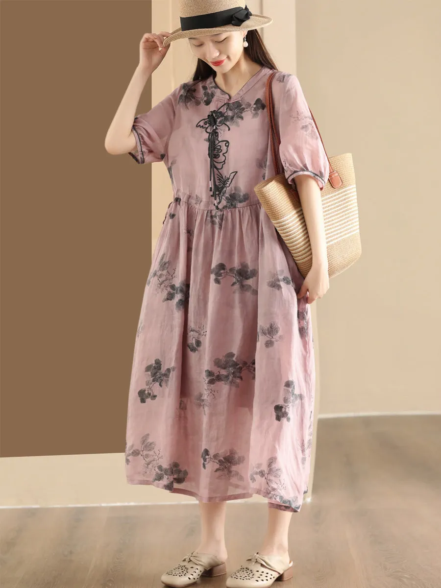 FLYTONN- Women Summer Vintage Butterfly Embroidery Ramie Dress PP1036