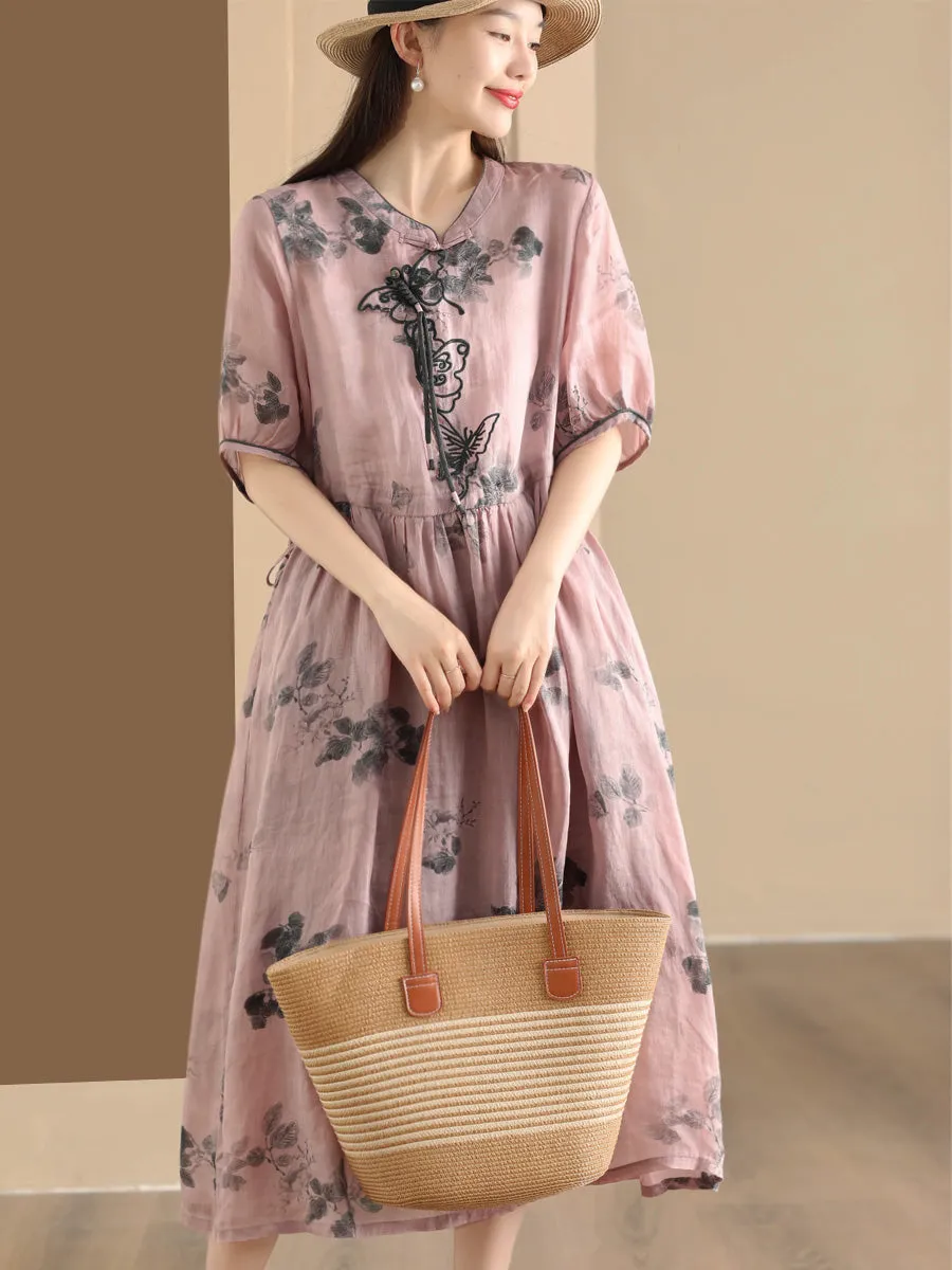 FLYTONN- Women Summer Vintage Butterfly Embroidery Ramie Dress PP1036