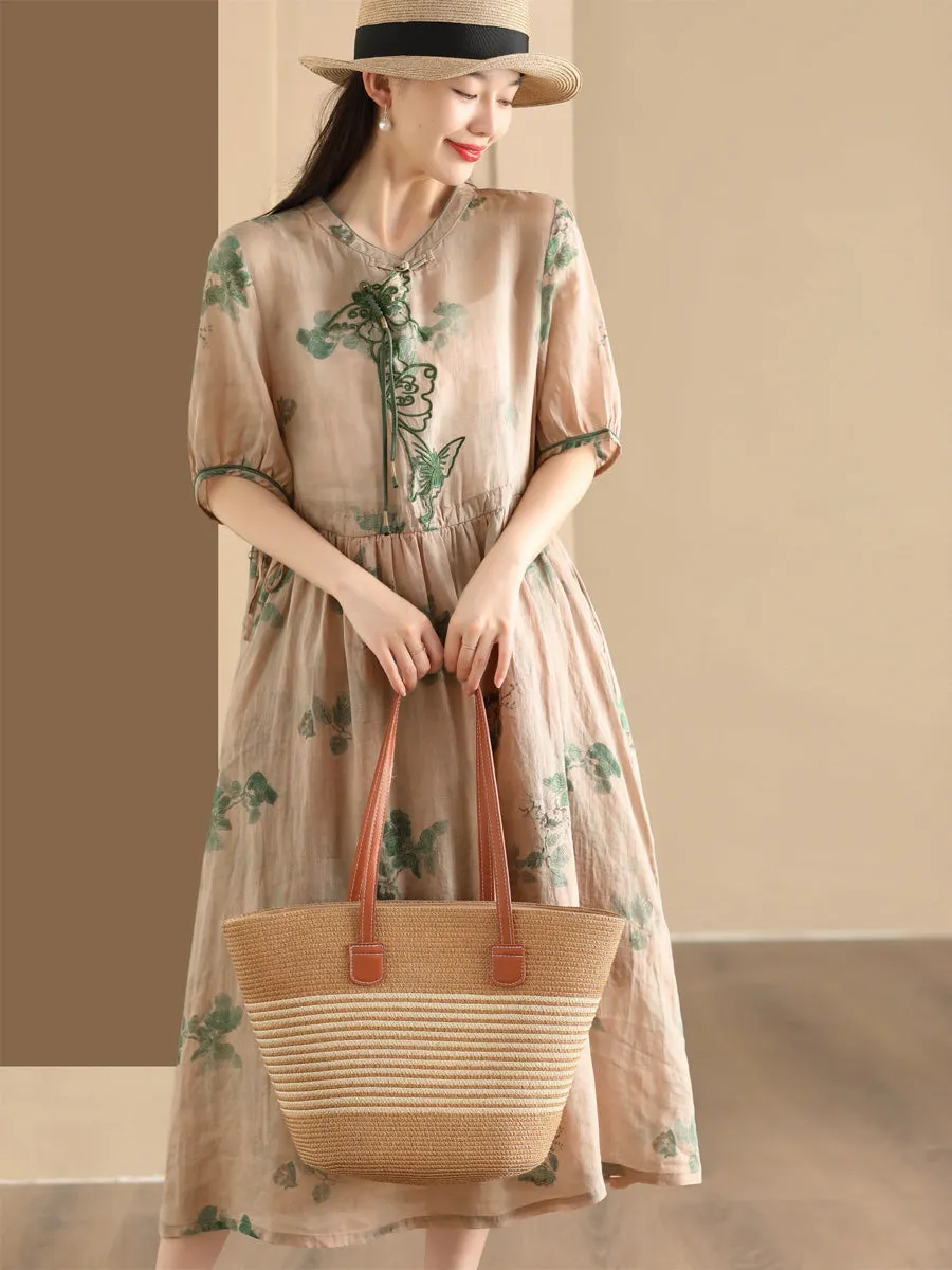 FLYTONN- Women Summer Vintage Butterfly Embroidery Ramie Dress PP1036