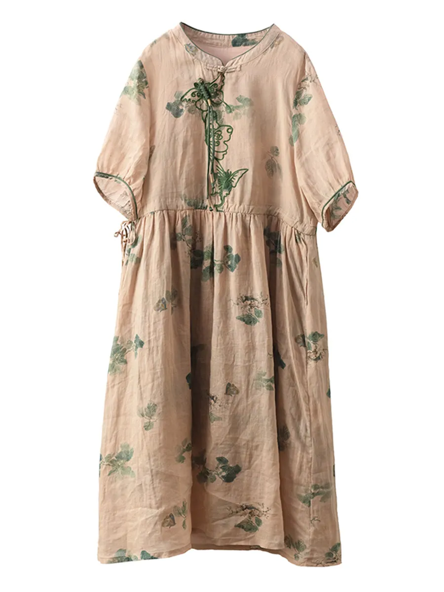 FLYTONN- Women Summer Vintage Butterfly Embroidery Ramie Dress PP1036
