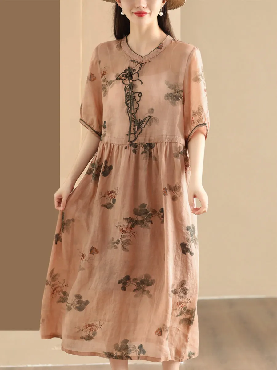 FLYTONN- Women Summer Vintage Butterfly Embroidery Ramie Dress PP1036