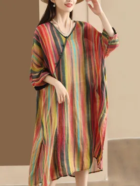 FLYTONN- Women Summer Vintage Colorful Stripe V-Neck Ramie Dress PP1041