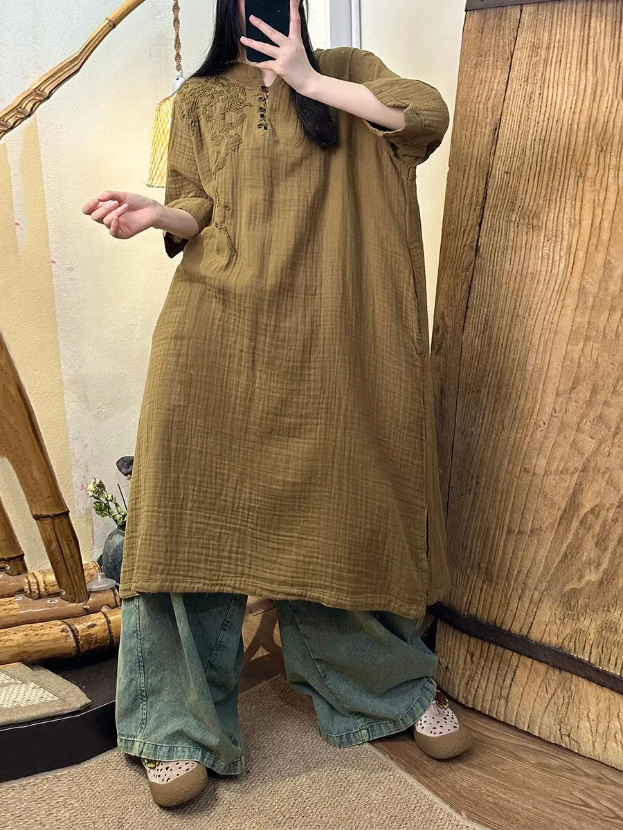 FLYTONN- Women Summer Vintage Embroidery Solid Ramie Dress TY1018