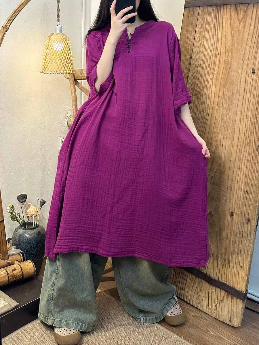 FLYTONN- Women Summer Vintage Embroidery Solid Ramie Dress TY1018