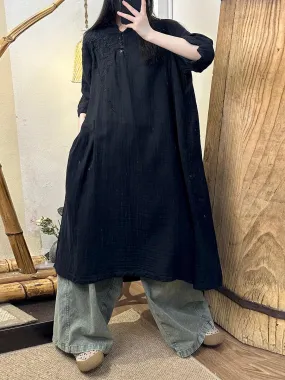 FLYTONN- Women Summer Vintage Embroidery Solid Ramie Dress TY1018