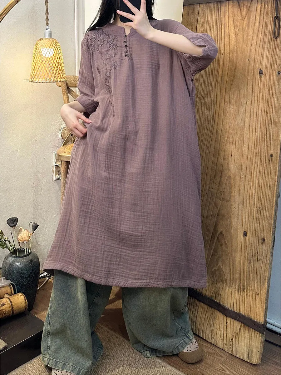FLYTONN- Women Summer Vintage Embroidery Solid Ramie Dress TY1018