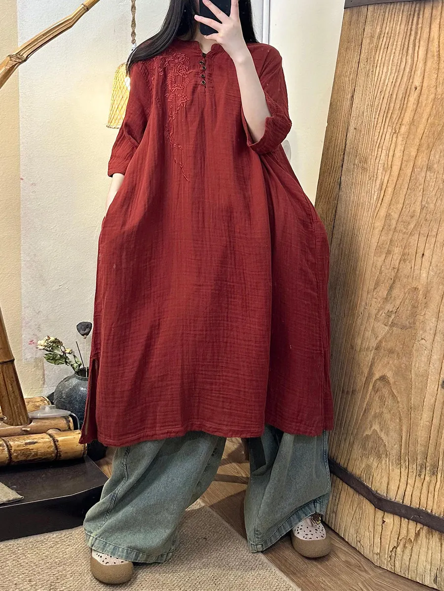 FLYTONN- Women Summer Vintage Embroidery Solid Ramie Dress TY1018