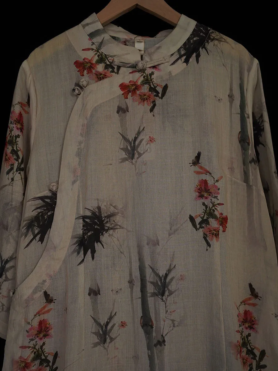 FLYTONN- Women Summer Vintage Floral Bamboo Robe Ramie Dress TY1008