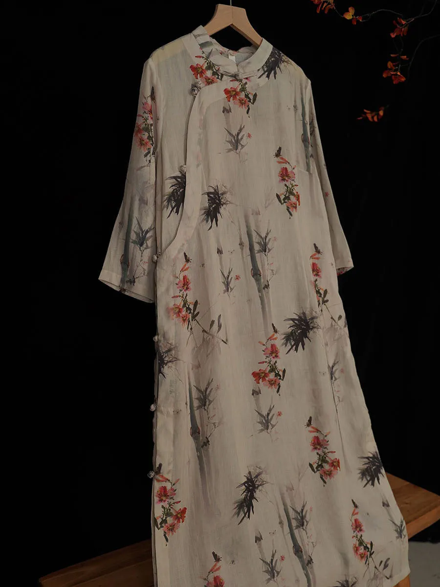 FLYTONN- Women Summer Vintage Floral Bamboo Robe Ramie Dress TY1008