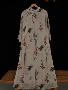 FLYTONN- Women Summer Vintage Floral Bamboo Robe Ramie Dress TY1008