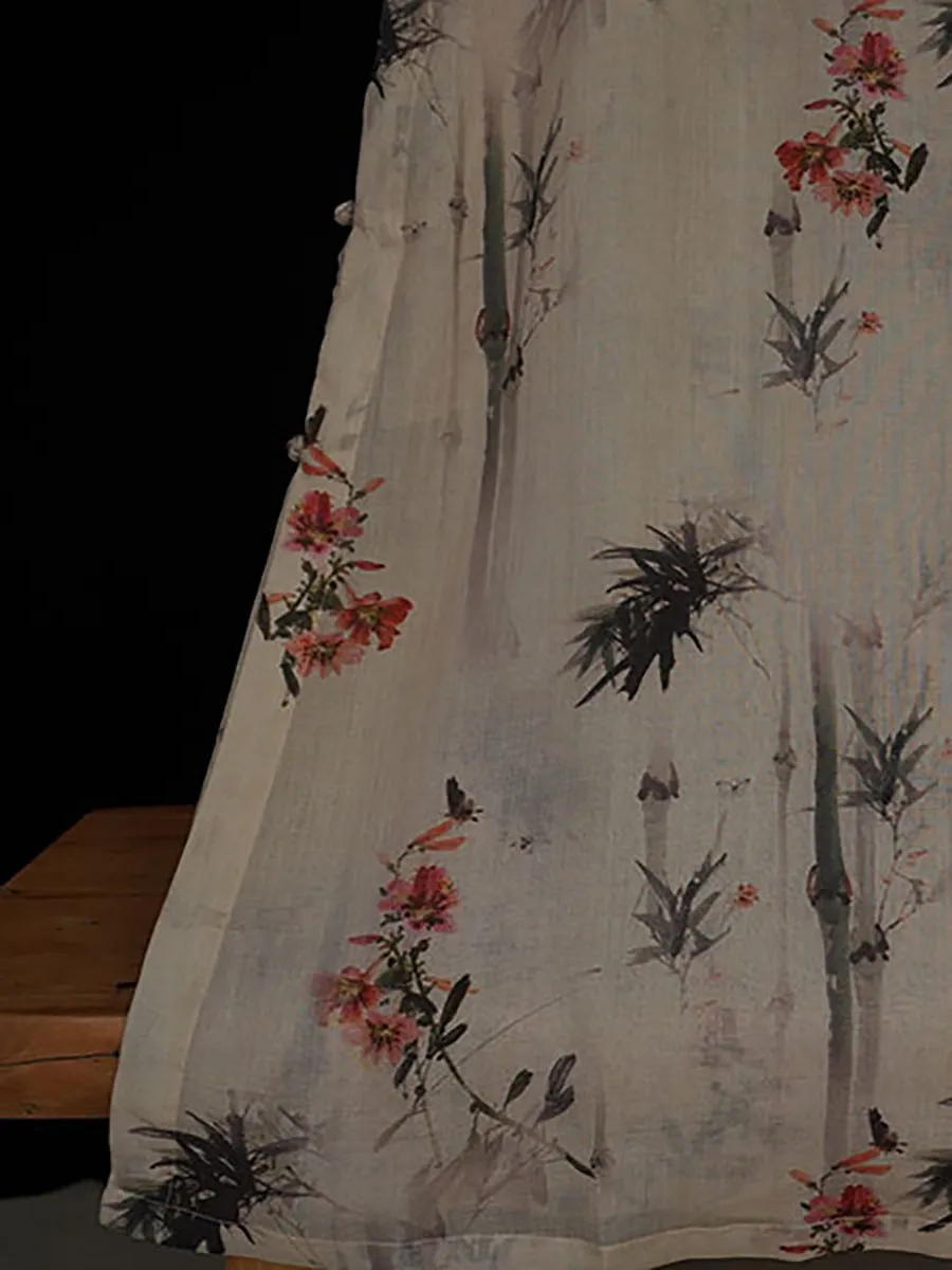 FLYTONN- Women Summer Vintage Floral Bamboo Robe Ramie Dress TY1008