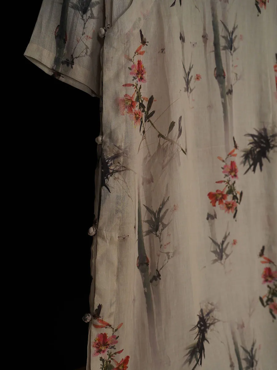 FLYTONN- Women Summer Vintage Floral Bamboo Robe Ramie Dress TY1008