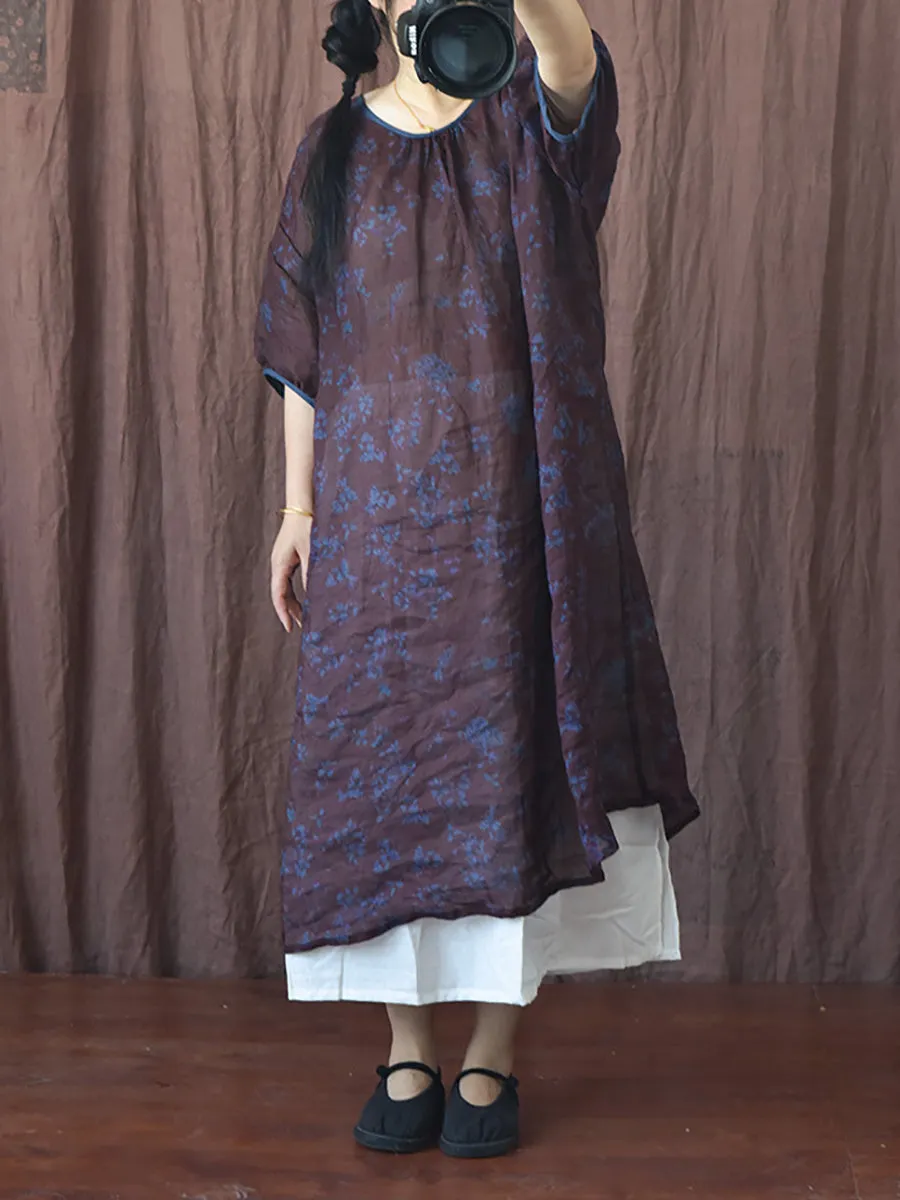 FLYTONN- Women Summer Vintage Floral O-Neck Thin Ramie Dress II1045