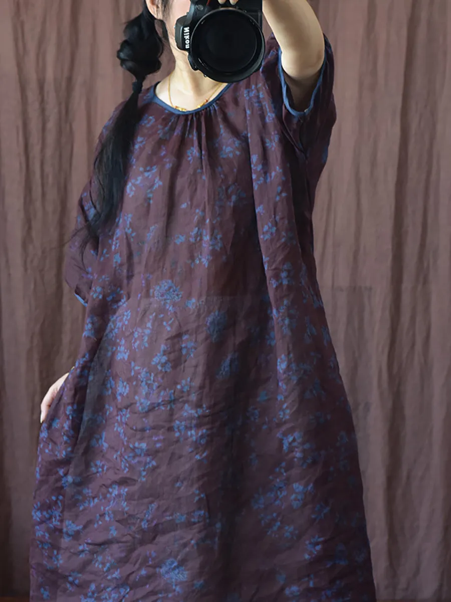 FLYTONN- Women Summer Vintage Floral O-Neck Thin Ramie Dress II1045