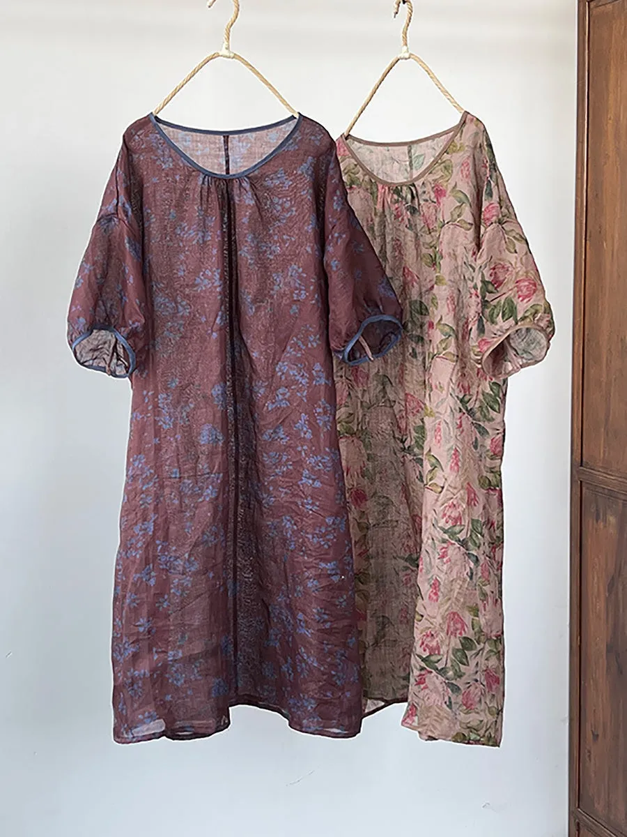 FLYTONN- Women Summer Vintage Floral O-Neck Thin Ramie Dress II1045