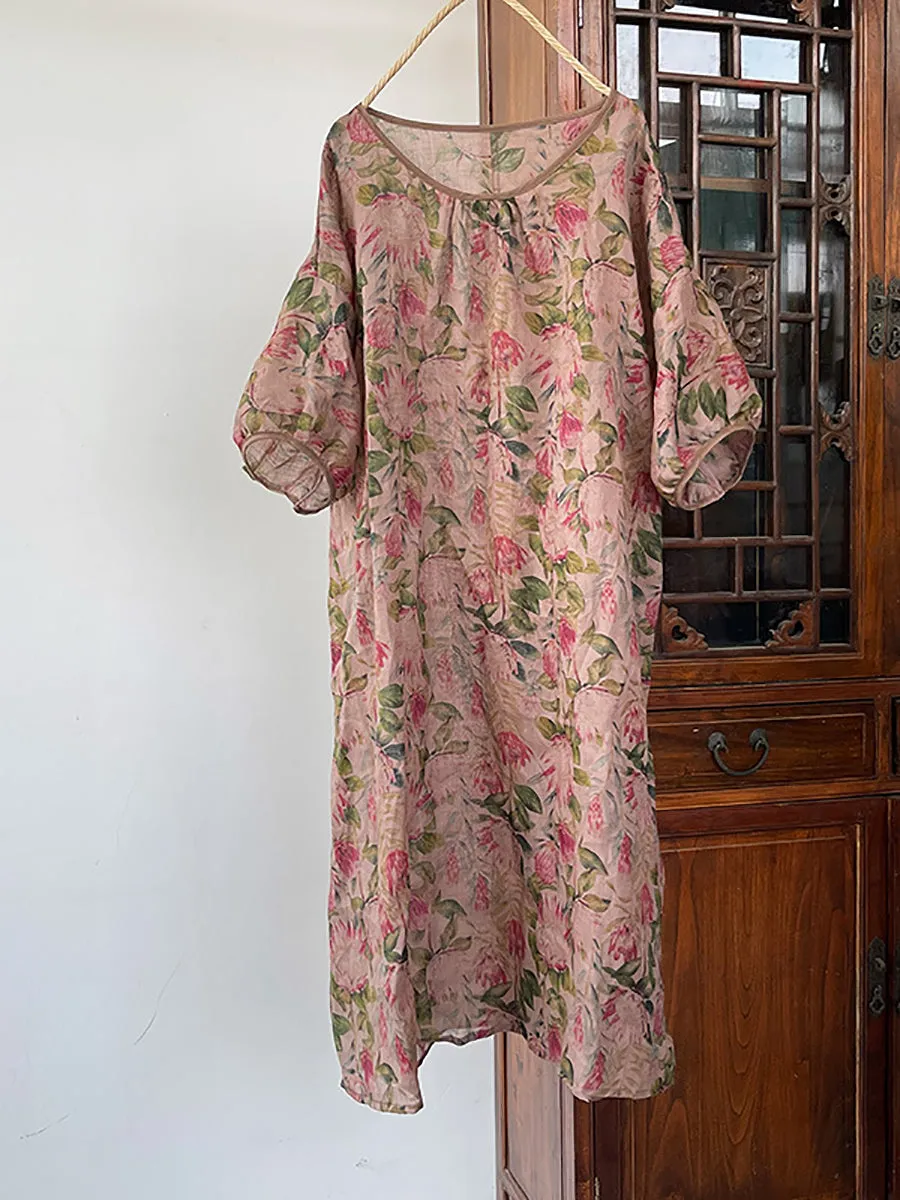 FLYTONN- Women Summer Vintage Floral O-Neck Thin Ramie Dress II1045