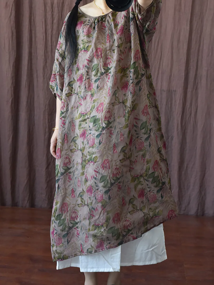 FLYTONN- Women Summer Vintage Floral O-Neck Thin Ramie Dress II1045