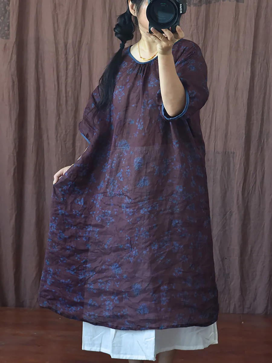 FLYTONN- Women Summer Vintage Floral O-Neck Thin Ramie Dress II1045