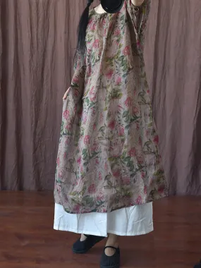 FLYTONN- Women Summer Vintage Floral O-Neck Thin Ramie Dress II1045