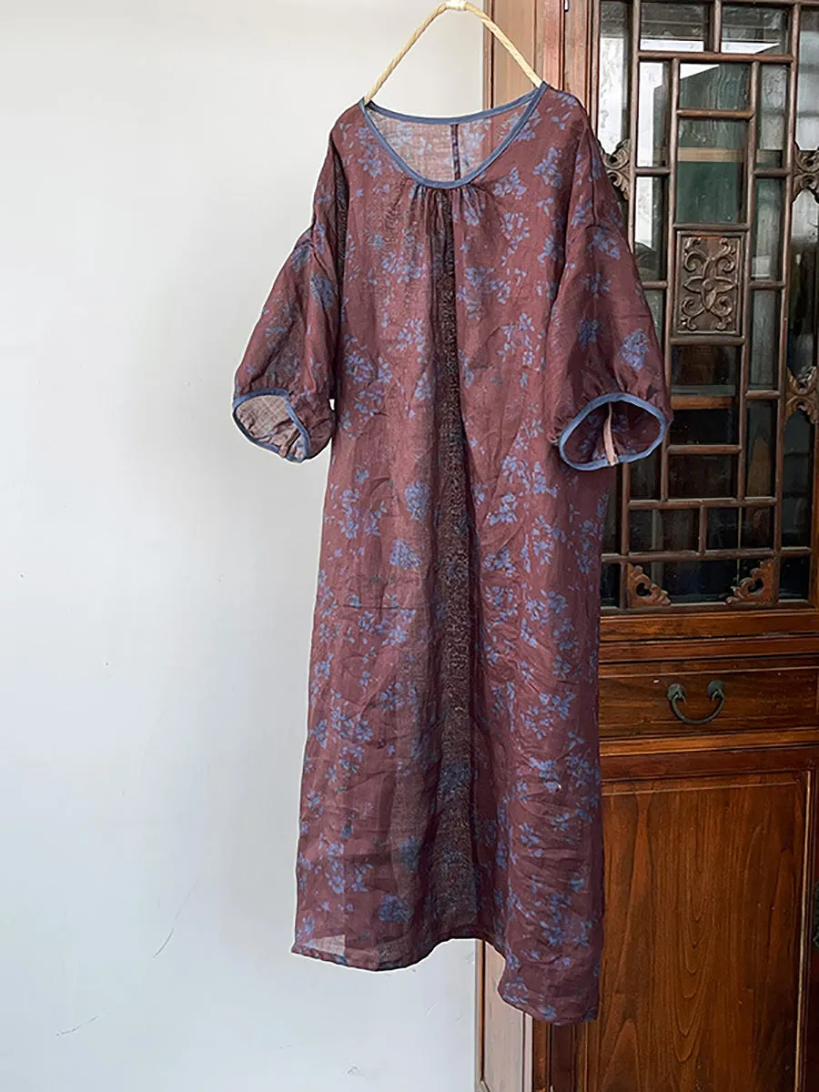 FLYTONN- Women Summer Vintage Floral O-Neck Thin Ramie Dress II1045