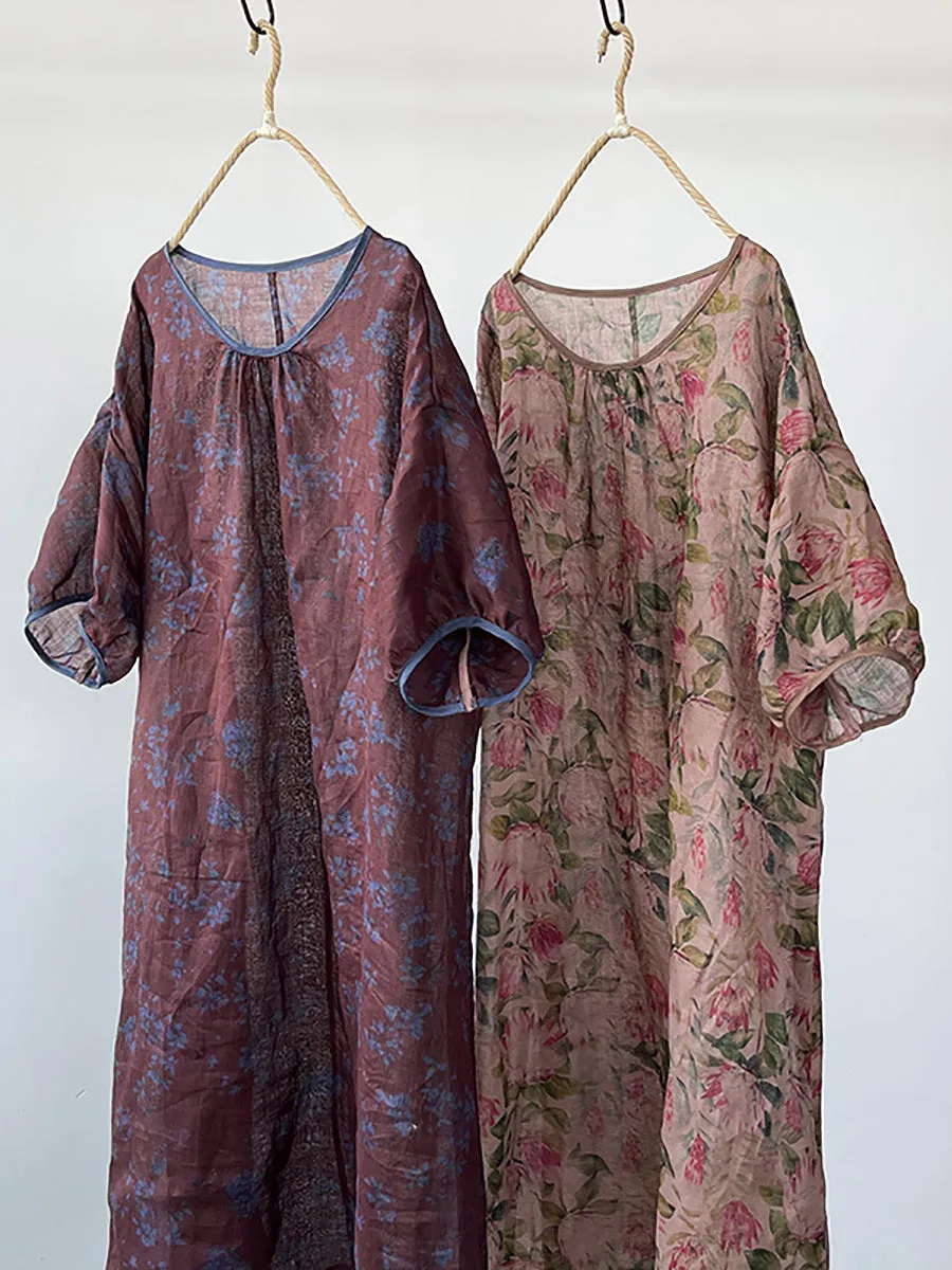 FLYTONN- Women Summer Vintage Floral O-Neck Thin Ramie Dress II1045