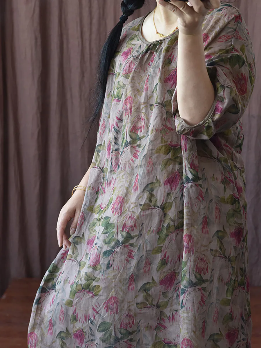 FLYTONN- Women Summer Vintage Floral O-Neck Thin Ramie Dress II1045