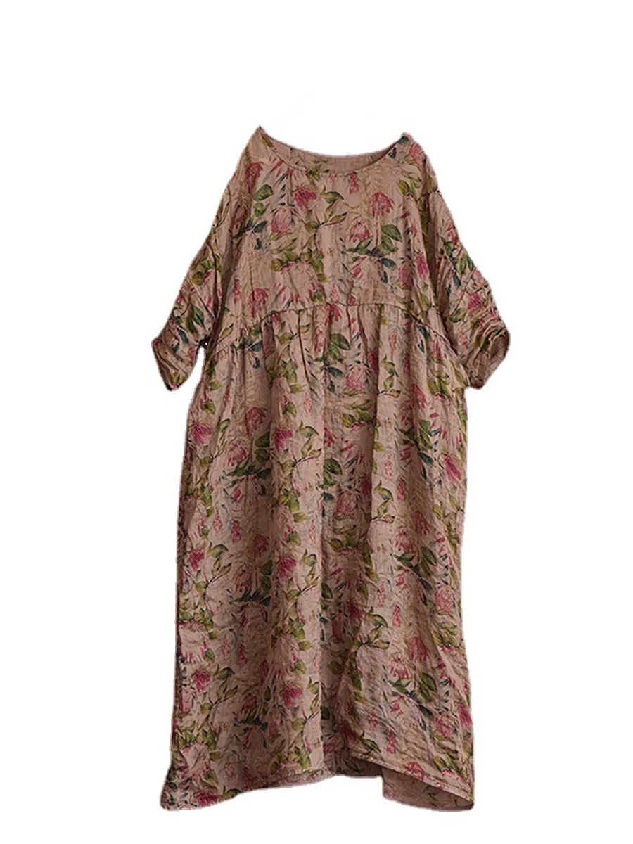FLYTONN- Women Summer Vintage Floral Plaid Loose Ramie Dress OP1008