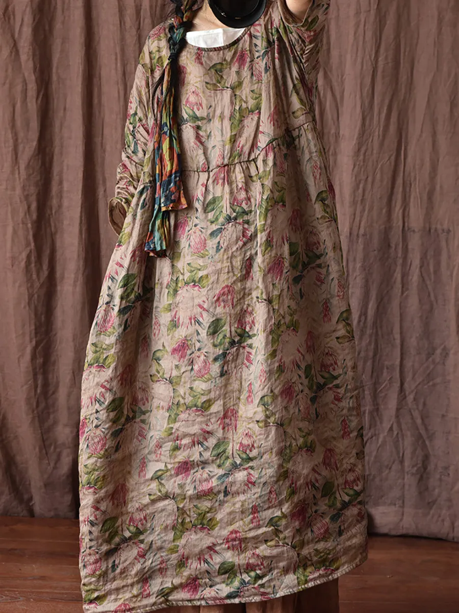 FLYTONN- Women Summer Vintage Floral Plaid Loose Ramie Dress OP1008