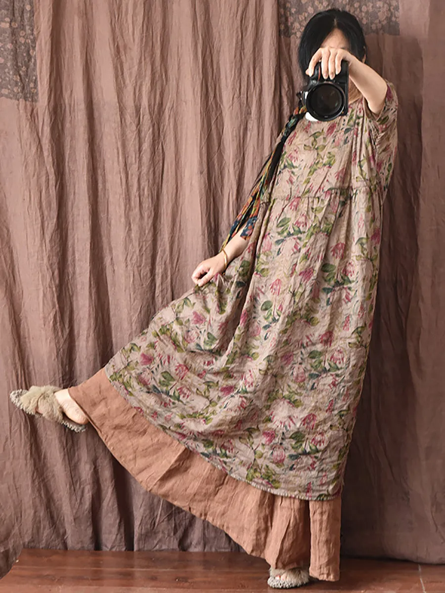 FLYTONN- Women Summer Vintage Floral Plaid Loose Ramie Dress OP1008
