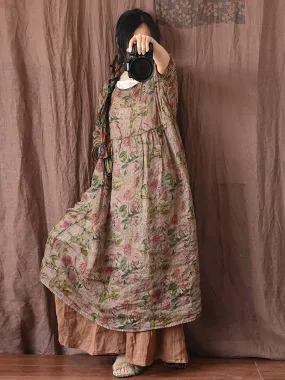 FLYTONN- Women Summer Vintage Floral Plaid Loose Ramie Dress OP1008