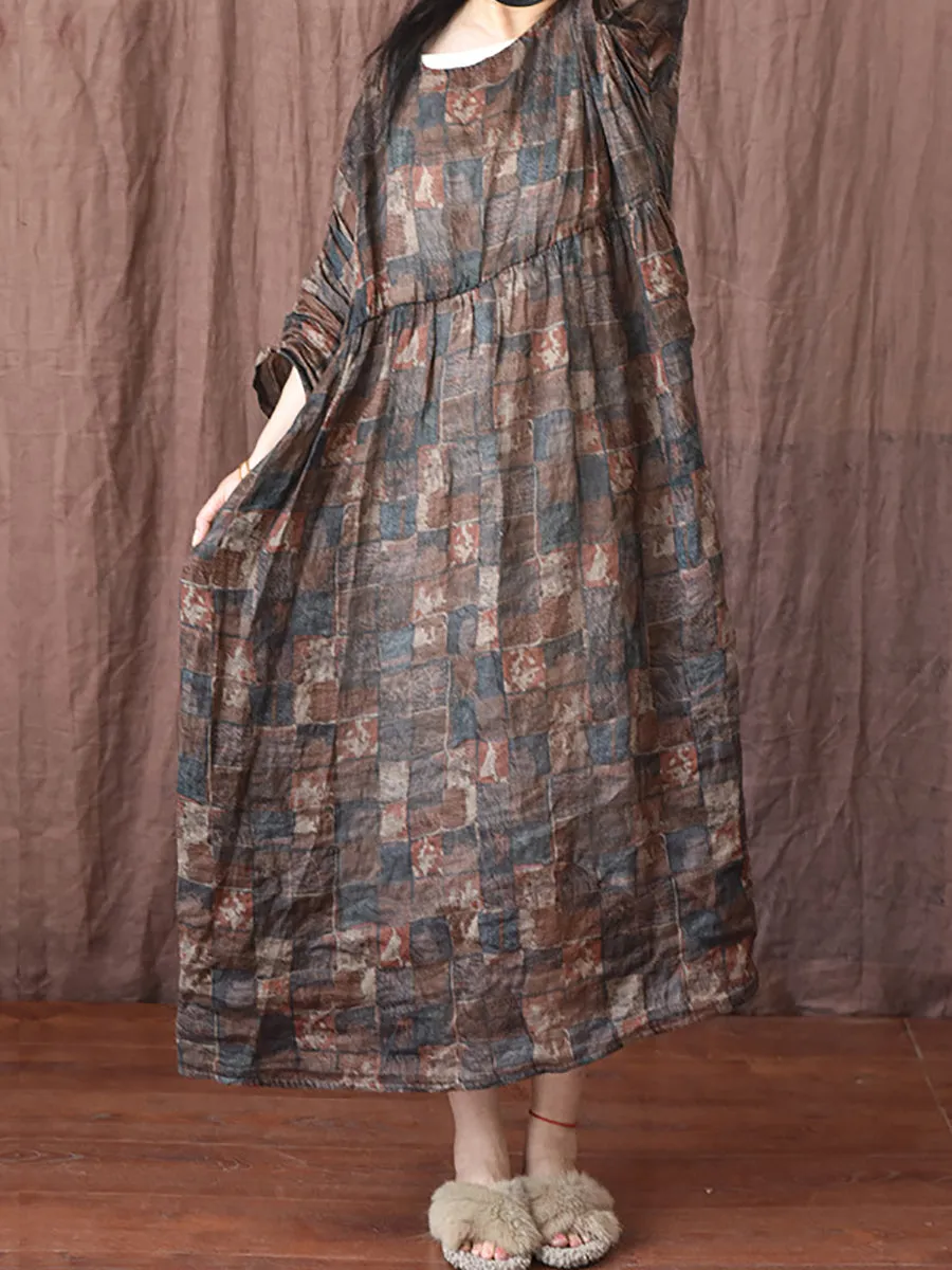 FLYTONN- Women Summer Vintage Floral Plaid Loose Ramie Dress OP1008