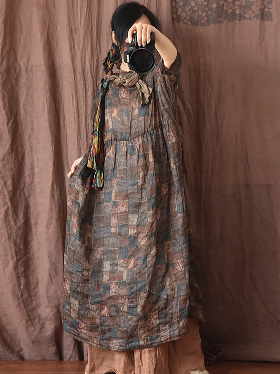 FLYTONN- Women Summer Vintage Floral Plaid Loose Ramie Dress OP1008