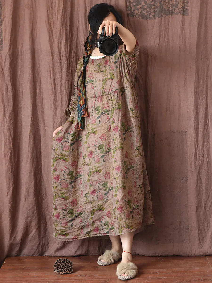 FLYTONN- Women Summer Vintage Floral Plaid Loose Ramie Dress OP1008