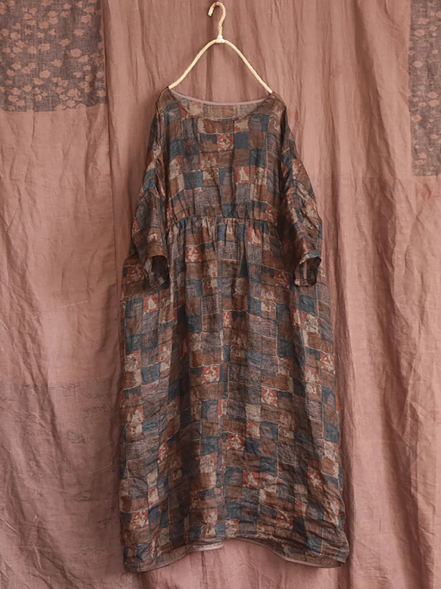 FLYTONN- Women Summer Vintage Floral Plaid Loose Ramie Dress OP1008