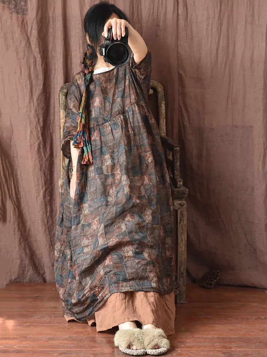 FLYTONN- Women Summer Vintage Floral Plaid Loose Ramie Dress OP1008