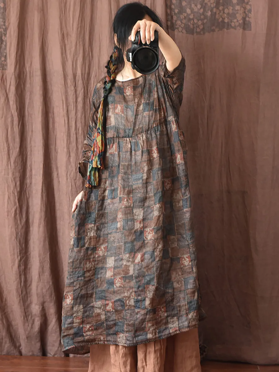 FLYTONN- Women Summer Vintage Floral Plaid Loose Ramie Dress OP1008