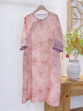 FLYTONN- Women Summer Vintage Floral Spliced Ramie Dress II1051