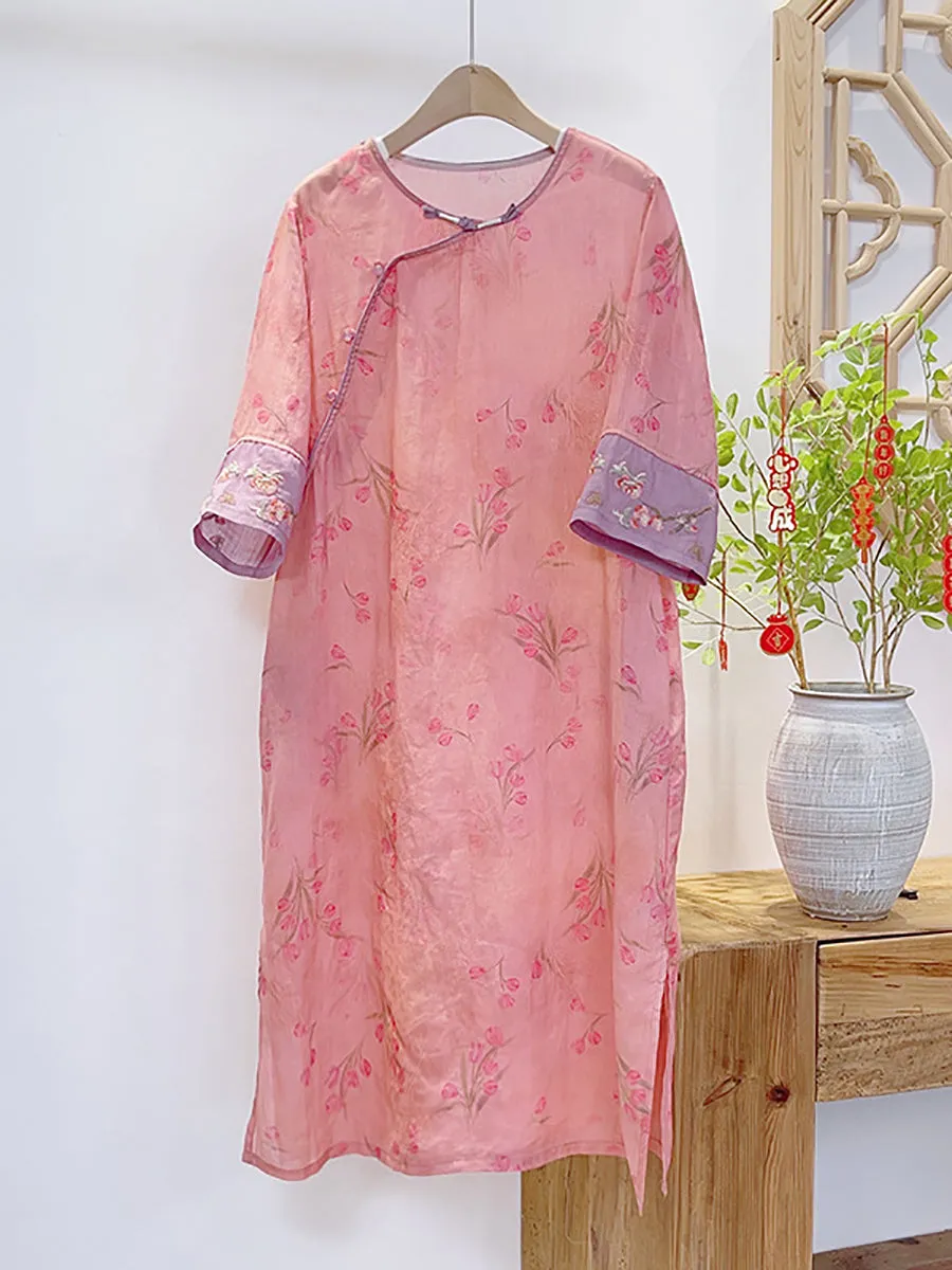 FLYTONN- Women Summer Vintage Floral Spliced Ramie Dress II1051