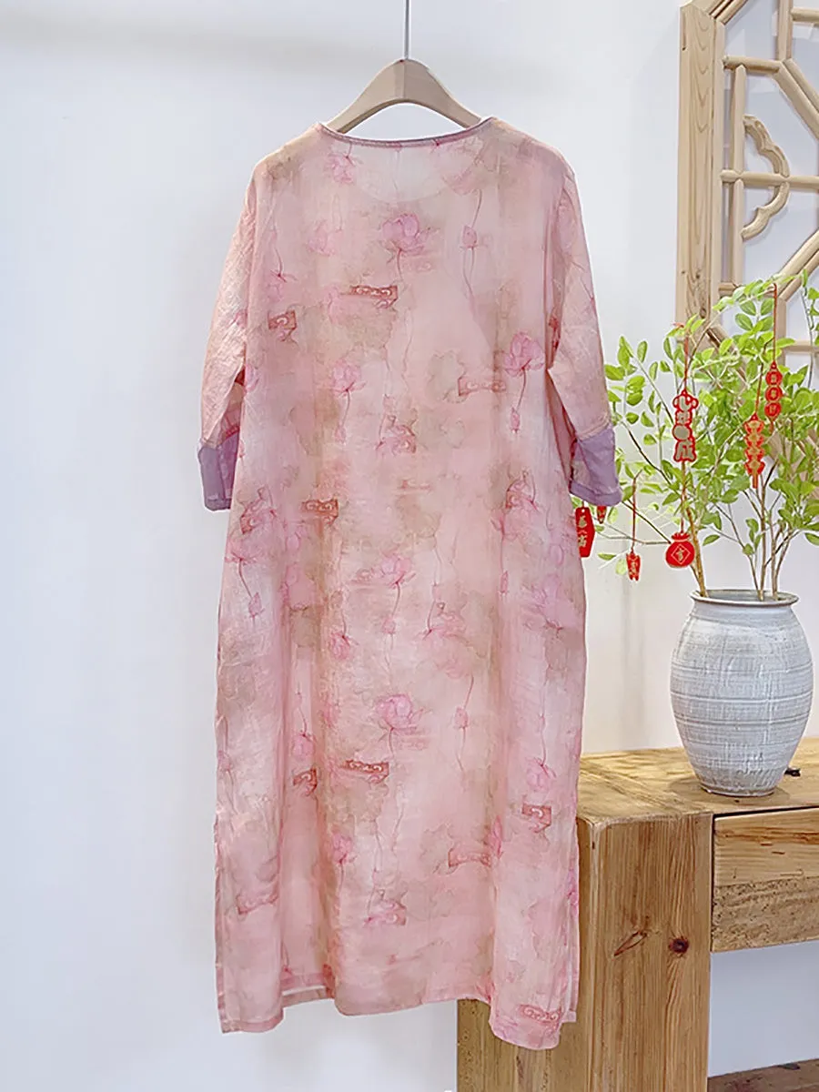 FLYTONN- Women Summer Vintage Floral Spliced Ramie Dress II1051