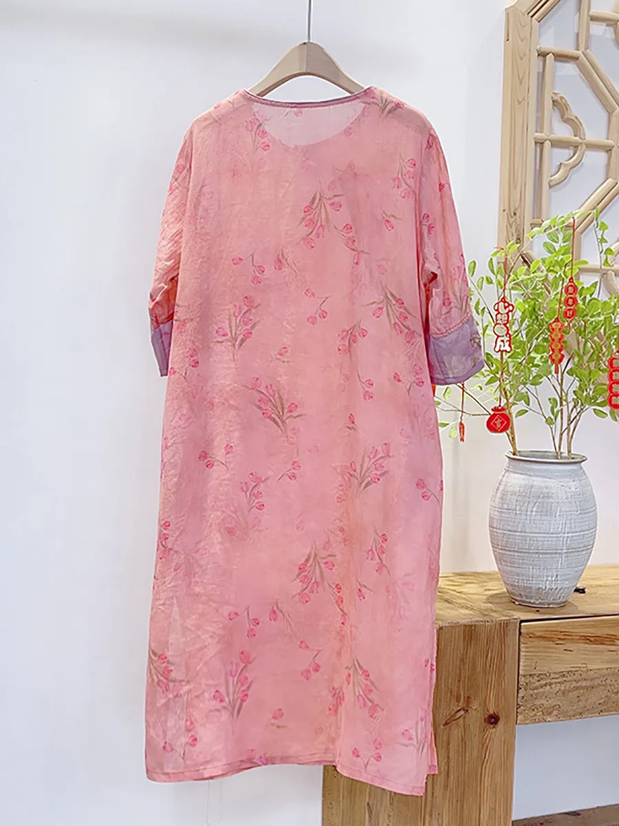 FLYTONN- Women Summer Vintage Floral Spliced Ramie Dress II1051