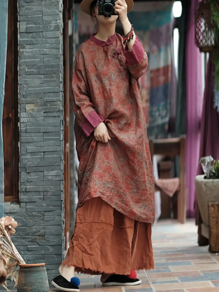 FLYTONN- Women Summer Vintage Floral Spliced Ramie Dress OO1037