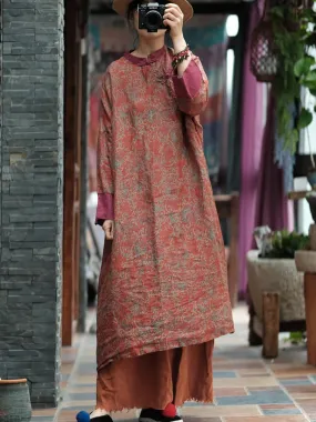 FLYTONN- Women Summer Vintage Floral Spliced Ramie Dress OO1037