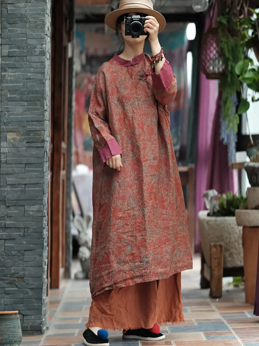 FLYTONN- Women Summer Vintage Floral Spliced Ramie Dress OO1037