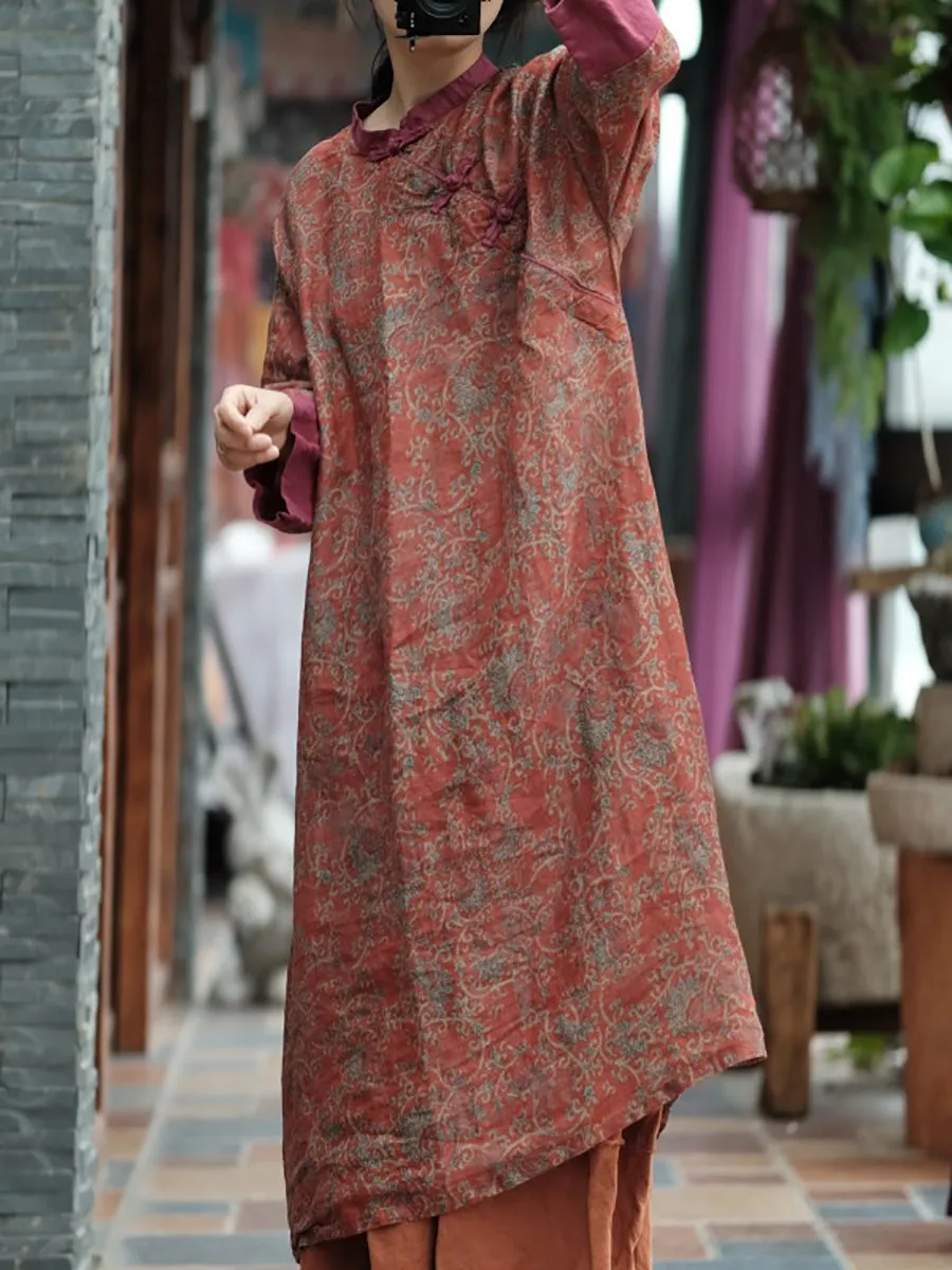 FLYTONN- Women Summer Vintage Floral Spliced Ramie Dress OO1037